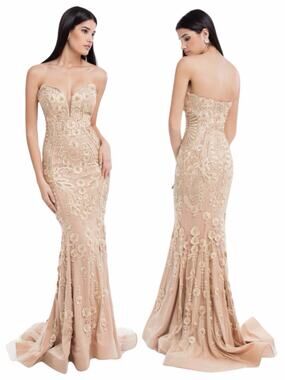 Terani Couture Pageant Gown Evening Dress Champhgne 1822GL7514 Size 14
